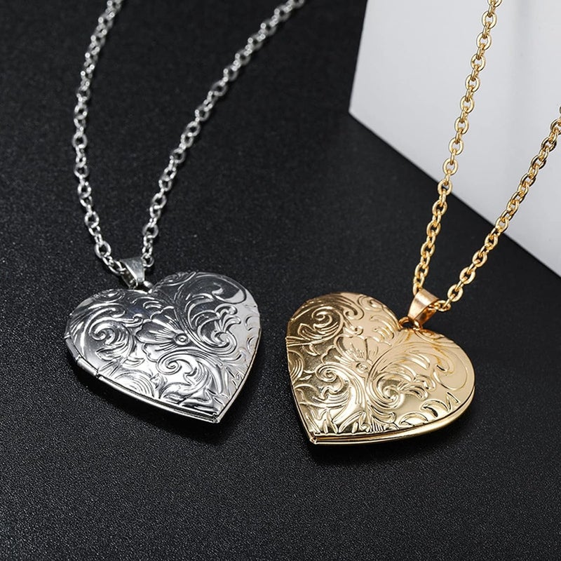 SCRDPRAD Vintage Engraved Flower Empaistic Photo Locket Hold Picture Oval Round Pendant Necklace Antique Carved Pattern Souvenir Memorial Clavicle Sweet Jewelry for Women - Image 3